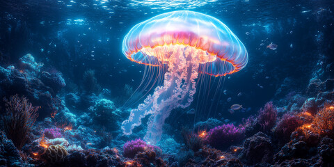 Translucent Jellyfish Floating Above Glowing Coral Reefs in a Serene Ocean