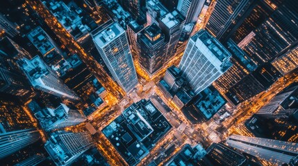 Aerial View of a City at Night with Illuminated Streets and Buildings