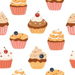 Seamless pattern with cute cupcakes icon  isolated on white background.