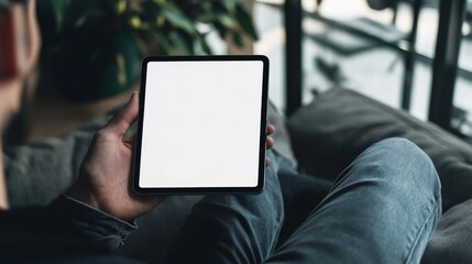 Naklejka premium Man using tablet. Tablet vertical screen mockup. 