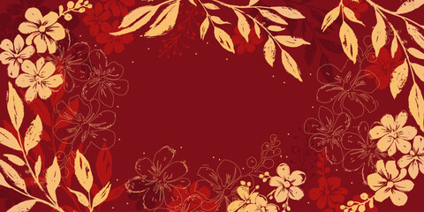 Oriental floral design with wild flowers and leafy branches in red and gold with grunge effect. Japanese and Chinese abstract background. Perfect for wallpapers, cards, or posters.