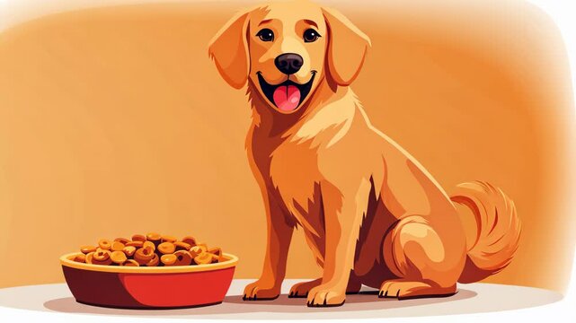 A happy dog sits patiently next to a bowl of dog food, waiting for dinner