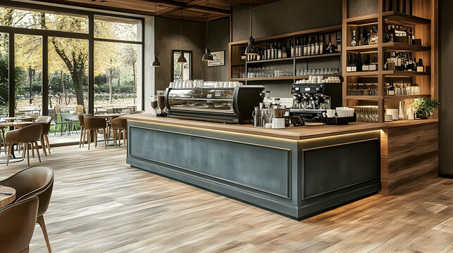 Modern café interior with a coffee bar and wooden furnishings.