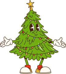 Cartoon Christmas pine tree groovy character in hippie sneakers. Isolated vector funky spruce with light garland and star topper, spreading cheer with a jazzy retro vibes and glittery decorations