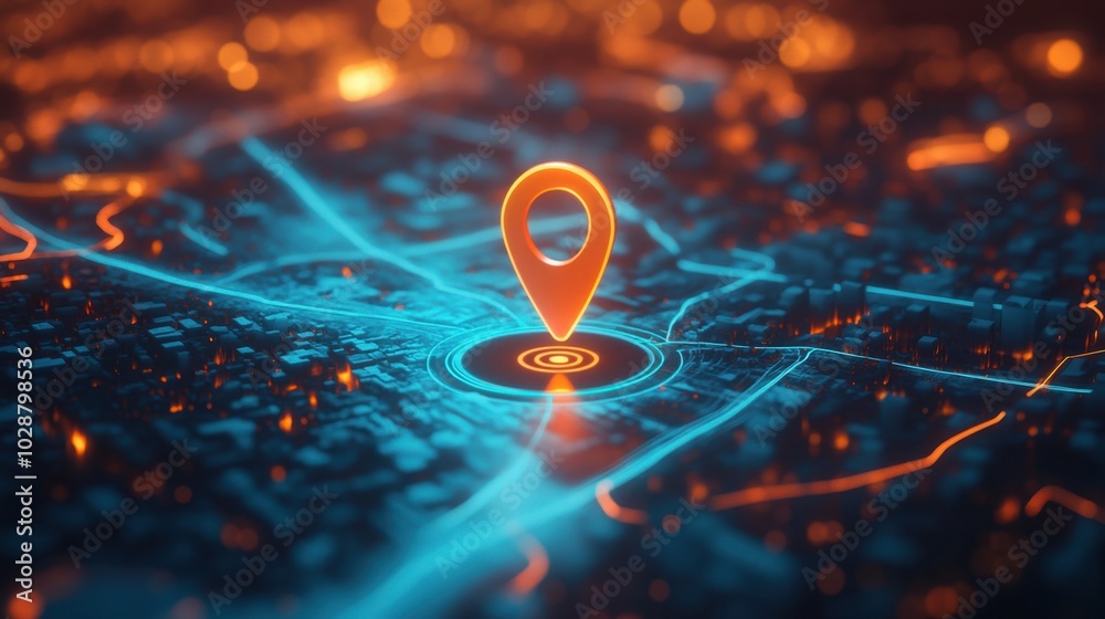 Poster 3d gps tracking map with a navigation pin, visualizing a real-time journey and destination search th