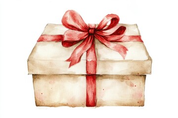 watercolor, cute style gift box, pale beige with red bow, neutral red colors, white background