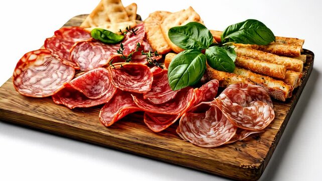 Wooden platter rotating showing italian antipasto with salami and breadsticks