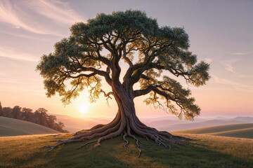 Fototapeta premium Beautiful, huge oak trees stand in a row in the sunrise lights.AI Generated