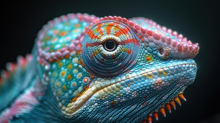 Obraz premium Beautiful chameleon reptile animal closeup, veiled lizard with colorful camouflage, green and exotic reptile in wildlife nature fauna.