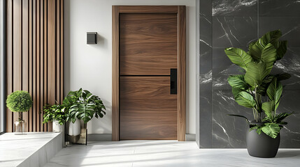 Modern entryway featuring a wooden door and indoor plants.
