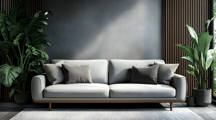 Modern living room with a sleek sofa and lush indoor plants.