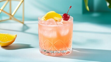 A glass of rum punch with citrus and a cocktail cherry, isolated on a light pastel blue background with subtle gold geometric accents