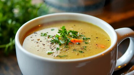 A bowl of steaming soup garnished with parsley sits on a wooden table