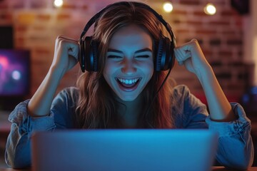 Cheerful female gamer winning an online game on a laptop, Generative AI