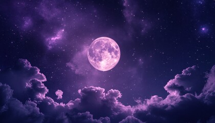 Obraz premium Mystical purple gradient moonlit sky with clouds and stars for phone backgrounds
