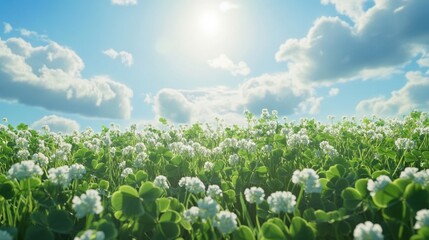 Obraz premium A bright and vibrant clover field stretches under a sunny sky with fluffy clouds, capturing the essence of spring and the beauty of nature's colorful landscape.