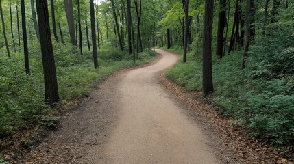 Naklejka premium A winding dirt path through a dense green forest with tall trees and lush foliage on a sunny day