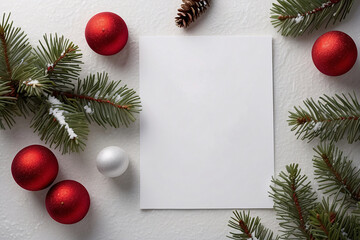 White Paper Mockup Surrounded by Christmas tree and red ball, In the concept of Christmas Festival, isolated on white background