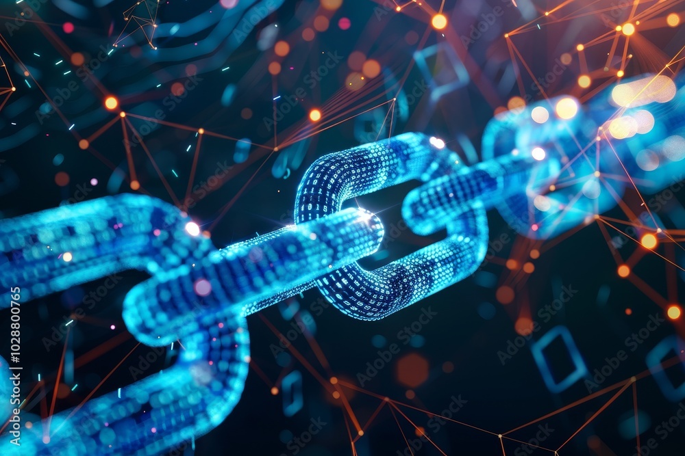 Poster a visual representation of a cryptographic blockchain ,an illustration depicting blockchain technolo