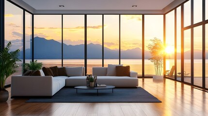 Fototapeta premium Spacious Modern Living Area with Floor-to-Ceiling Windows.