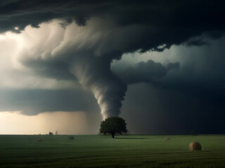 Dramatic Tornado Approaching Isolated House in Open Field Under Dark Stormy Skies.
