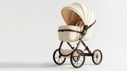 Baby carriage. Modern pram near white wall, space for text
