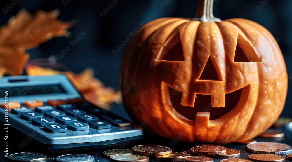 Wall mural halloween pumpkin, next to coins and calculator, financial market elements, black background.