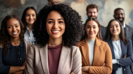 Obraz premium Portrait of a diverse group of young professional business people or corporate colleagues working together,smiling and collaborating in a modern office environment.