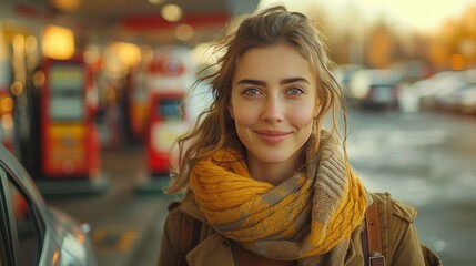 Fototapeta premium Happy European lady refueling her car at modern petrol station outdoor, female driver standing near vehicle holding filling gun nozzle.