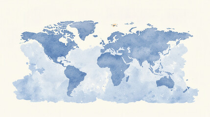 Watercolor world map illustration on a light background.