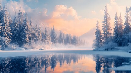 Fototapeta premium Winter landscape featuring a frozen lake and snow-covered evergreen forest with pastel skies and reflective icy shoreline in a serene Nordic wilderness.