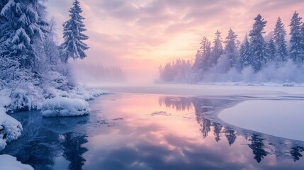 Winter landscape featuring a frozen lake and snow-covered evergreen forest with pastel skies and reflective icy shoreline in a serene Nordic wilderness.
