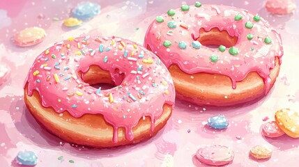 A delightful digital illustration of frosted pink donuts sprinkled with colorful toppings, perfect for sweet food concepts and dessert-themed backgrounds.