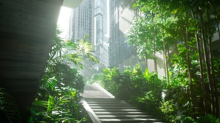 Urban Garden Oasis: Contrasting Vibrant Greenery with Concrete Jungle for Green Initiatives.