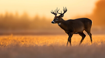 Majestic deer with large antlers walking in a golden field at sunset with blurred trees in the background