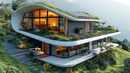 A solar-powered house with a garden roof, showcasing sustainable living.