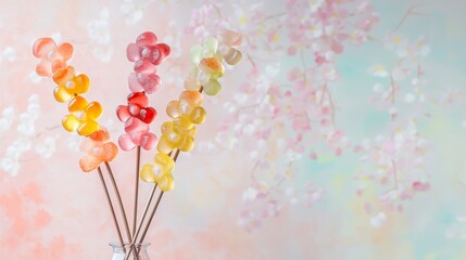 Colorful Flower-Shaped Candies on Sticks Against Pastel Floral Background