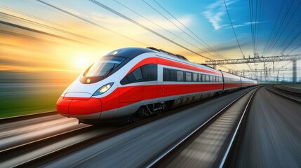 Naklejka premium A dynamic poster background featuring a high-speed train in motion, capturing the essence of rapid transit with a stunning motion blur effect to convey speed and efficiency.