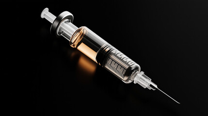 Close-up of a syringe filled with liquid on a dark reflective surface, showcasing medical equipment in detail.