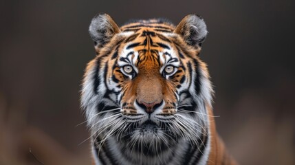 Fototapeta premium Siberian tiger portrait in zoo setting, endangered big cat face, beautiful yet dangerous predator with striped fur, wildlife animal expression showing aggression in jungle.
