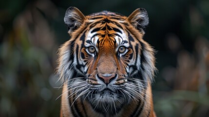 Fototapeta premium Siberian tiger portrait in zoo setting, endangered big cat face, beautiful yet dangerous predator with striped fur, wildlife animal expression showing aggression in jungle.