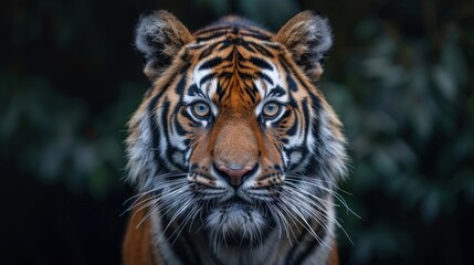 Fototapeta premium Siberian tiger portrait in zoo setting, endangered big cat face, beautiful yet dangerous predator with striped fur, wildlife animal expression showing aggression in jungle.