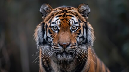 Fototapeta premium Siberian tiger portrait in zoo setting, endangered big cat face, beautiful yet dangerous predator with striped fur, wildlife animal expression showing aggression in jungle.