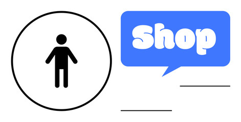 Simple style design showing a person symbol inside a circle and a blue speech bubble with the word Shop inside. Ideal for business logos branding retail graphics web icons e-commerce and signs