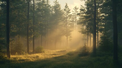 Obraz premium A tranquil forest bathed in morning light with towering pine trees and soft mist rolling through background