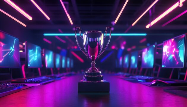 Esports championship trophy on stage surrounded by competitive gaming setups