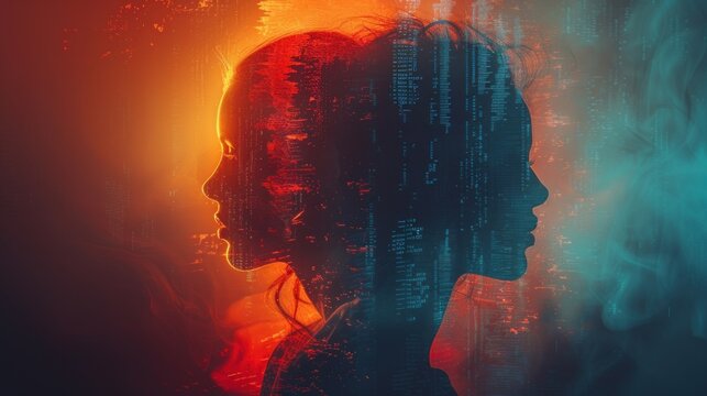 Silhouette of a man and woman, a shadow profile, abstract artificial intelligence, with software and digital code, set against a blue and red contrast, binary futuristic technology human. - Powered by Adobe