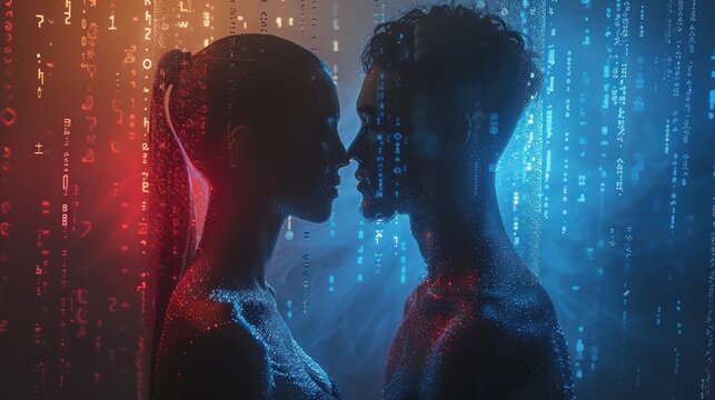 Silhouette of a man and woman, a shadow profile, abstract artificial intelligence, with software and digital code, set against a blue and red contrast, binary futuristic technology human. - Powered by Adobe