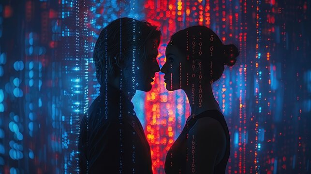 Silhouette of a man and woman, a shadow profile, abstract artificial intelligence, with software and digital code, set against a blue and red contrast, binary futuristic technology human.