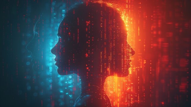 Silhouette of a man and woman, a shadow profile, abstract artificial intelligence, with software and digital code, set against a blue and red contrast, binary futuristic technology human.